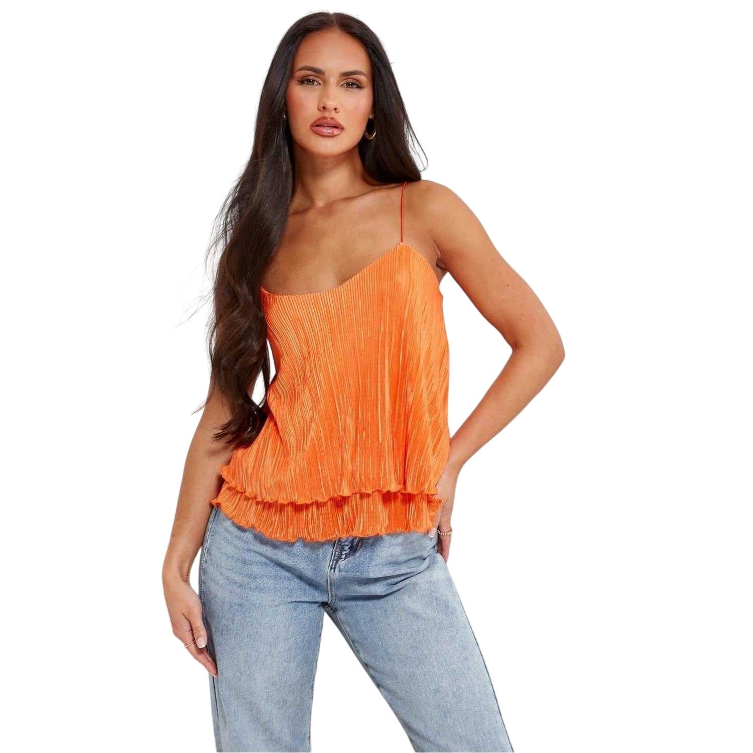 Orange - Front - I Saw It First Womens-Ladies Layered Plisse Spaghetti Strap Camisole