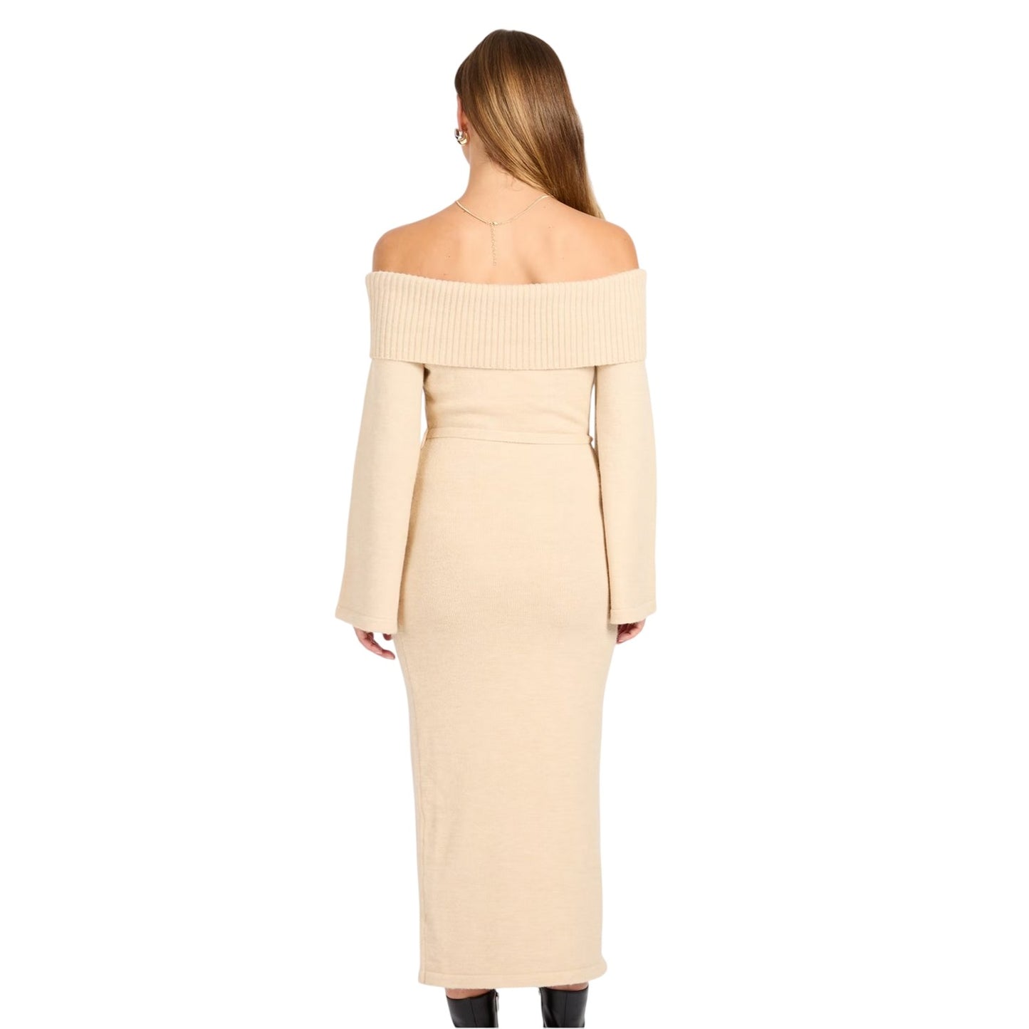 Natural - Back - Little Mistress Womens-Ladies Off Shoulder Bell Sleeve Sweater Dress