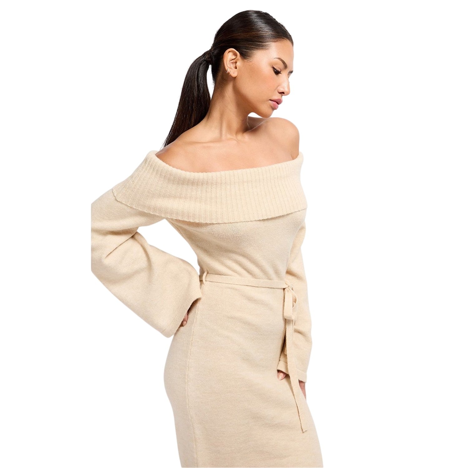 Natural - Side - Little Mistress Womens-Ladies Off Shoulder Bell Sleeve Sweater Dress