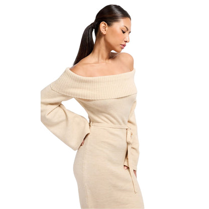 Natural - Side - Little Mistress Womens-Ladies Off Shoulder Bell Sleeve Sweater Dress