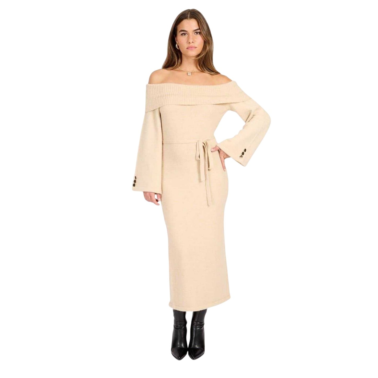 Natural - Front - Little Mistress Womens-Ladies Off Shoulder Bell Sleeve Sweater Dress