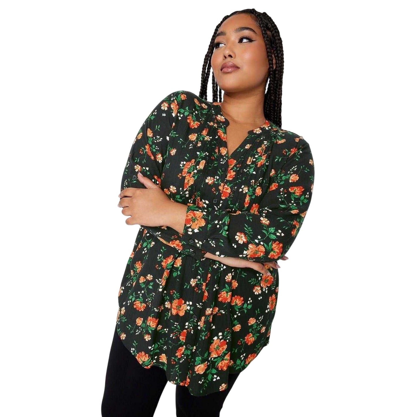 Black-Red - Front - Yours Womens-Ladies Floral Woven Tunic