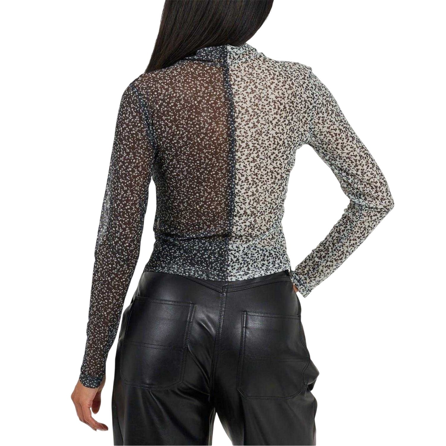 Black-Cream - Back - Brave Soul Womens-Ladies Illusion Mesh Mock Neck Top