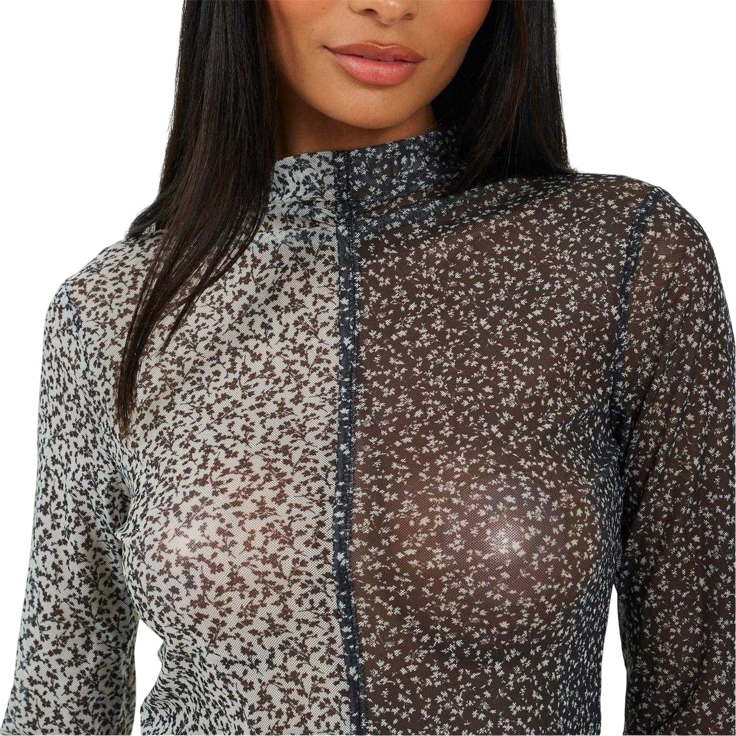 Black-Cream - Side - Brave Soul Womens-Ladies Illusion Mesh Mock Neck Top