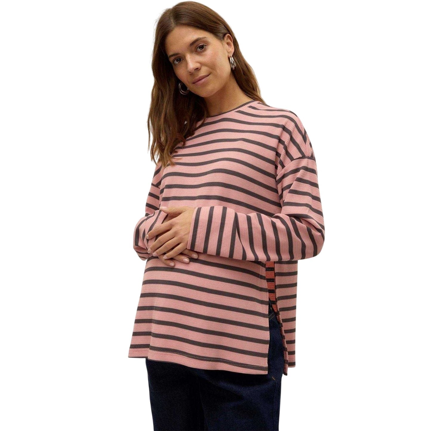Pink - Side - Mamalicious Womens-Ladies Mlsille Striped Long-Sleeved T-Shirt