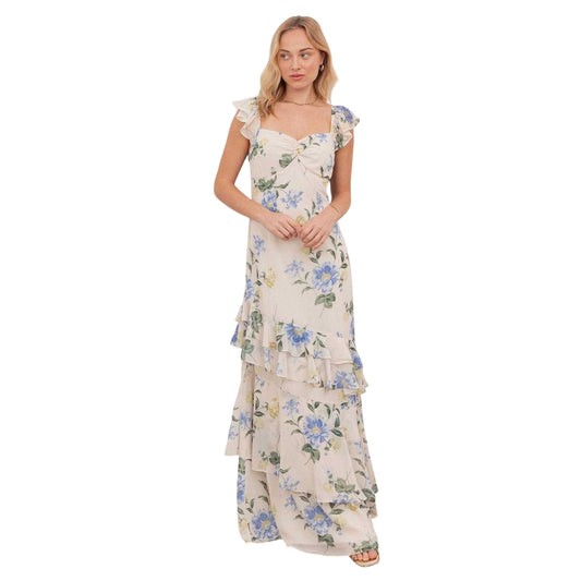 Ivory-Blue - Front - Anaya With Love Womens-Ladies Floral Asymmetric Maxi Dress