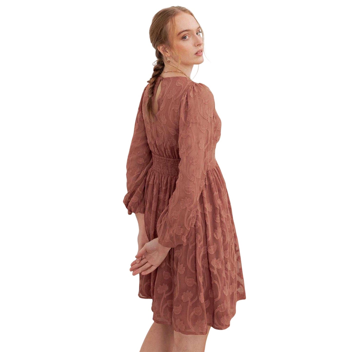 Terracotta - Back - Lovedrobe Womens-Ladies Burnout Puff Sleeve Mini Dress