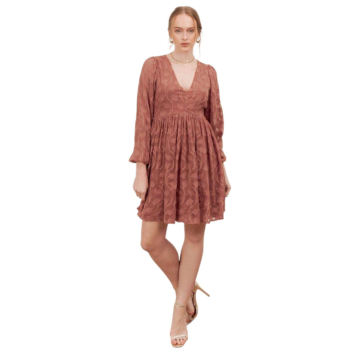 Terracotta - Side - Lovedrobe Womens-Ladies Burnout Puff Sleeve Mini Dress