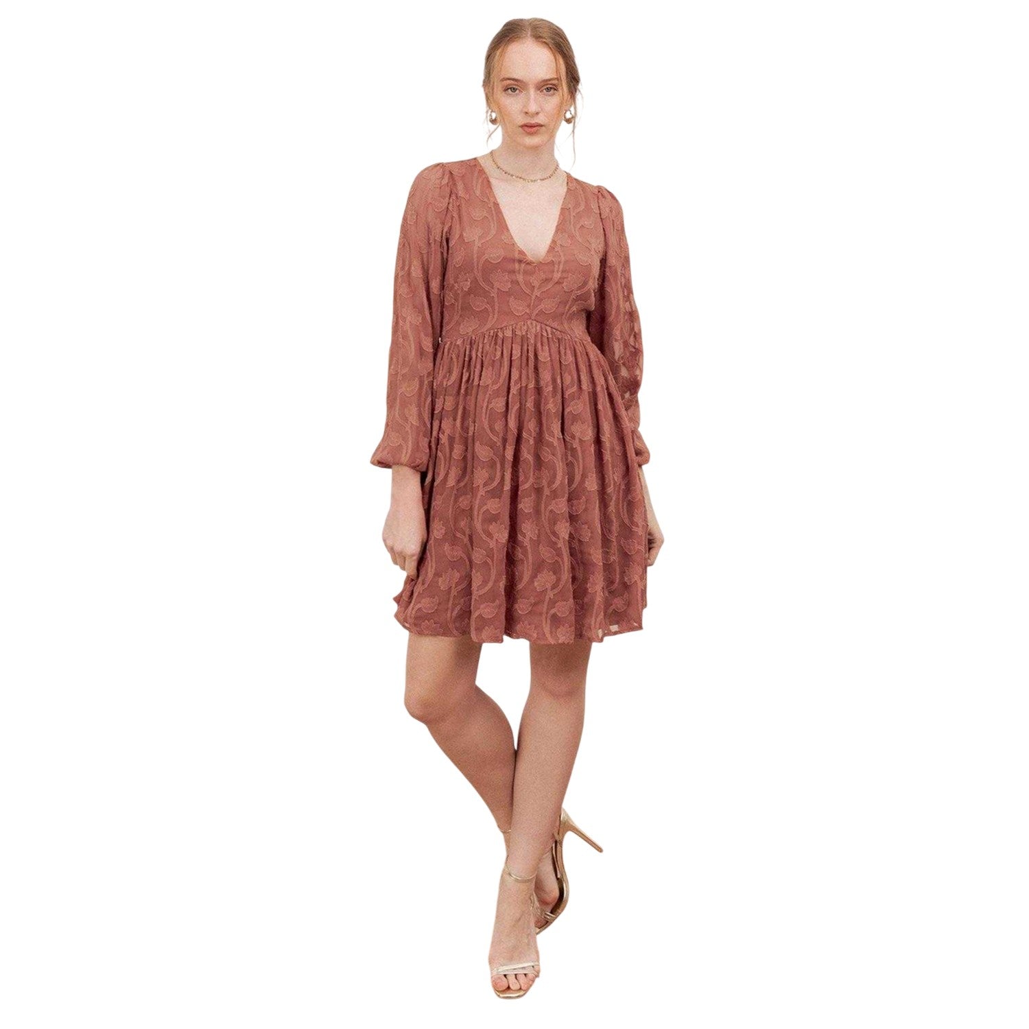Terracotta - Side - Lovedrobe Womens-Ladies Burnout Puff Sleeve Mini Dress