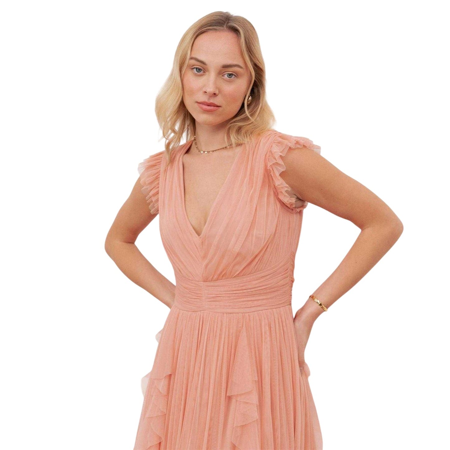 Peach - Side - Anaya With Love Womens-Ladies Waterfall V Neck Flutter Maxi Dress