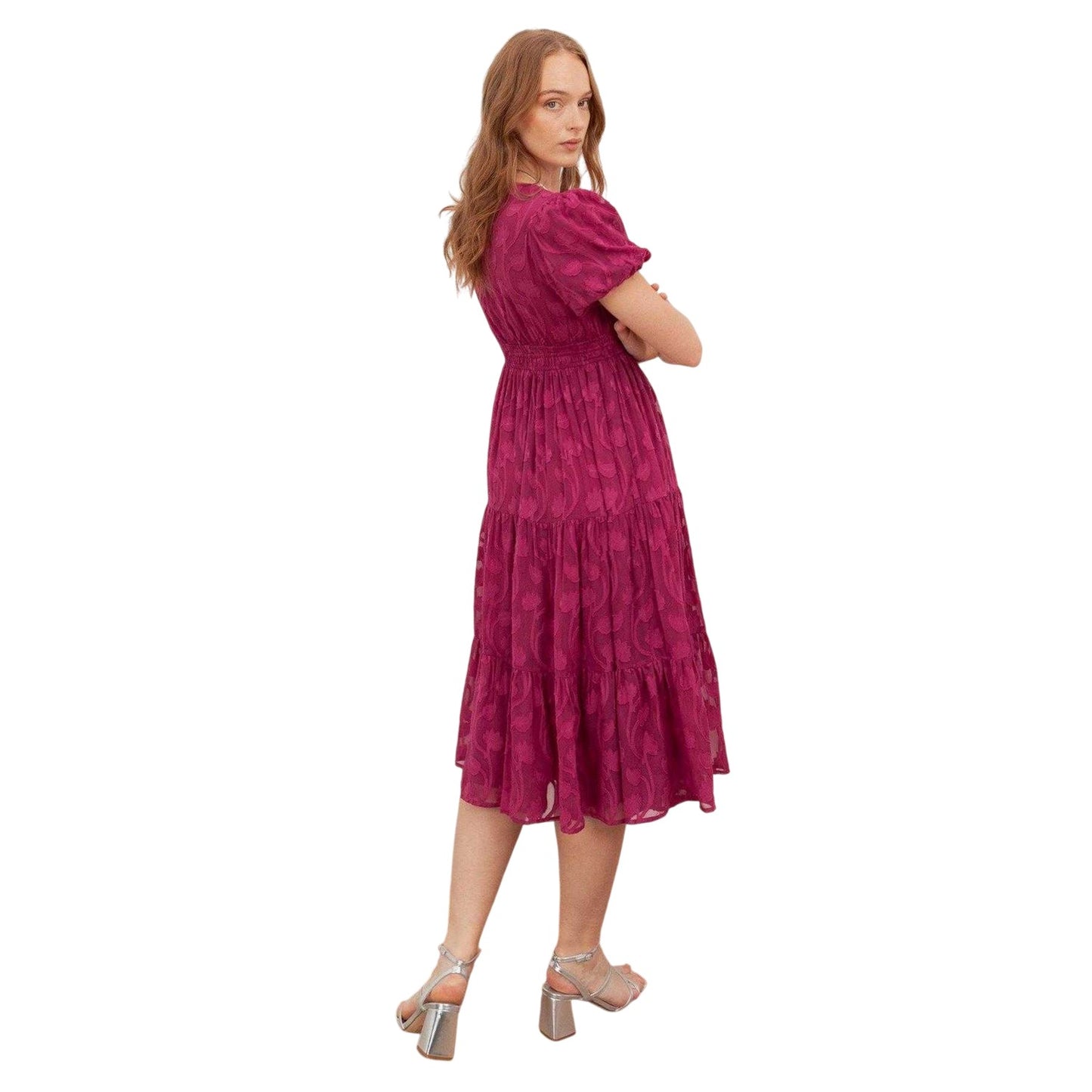 Fuchsia - Back - Lovedrobe Womens-Ladies Burnout Floral Puff Sleeve Midi Dress