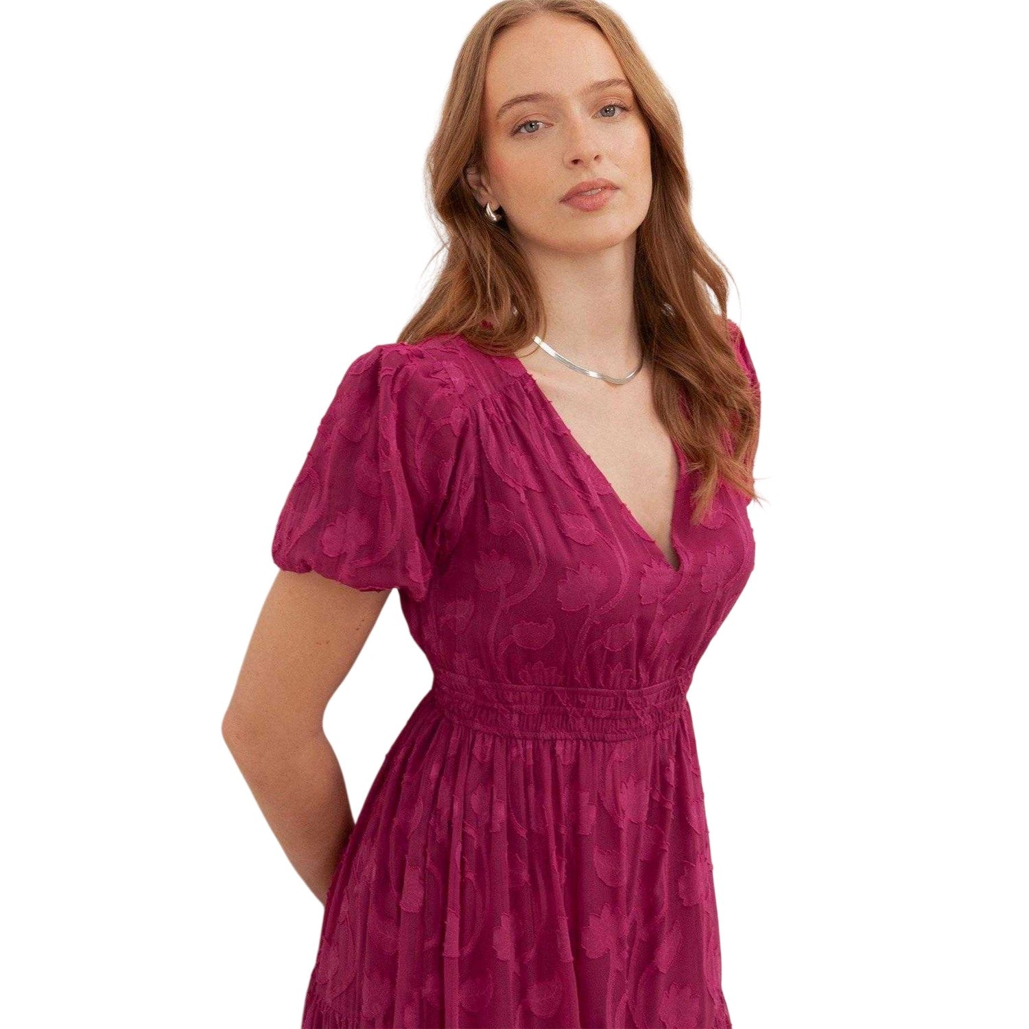 Fuchsia - Side - Lovedrobe Womens-Ladies Burnout Floral Puff Sleeve Midi Dress