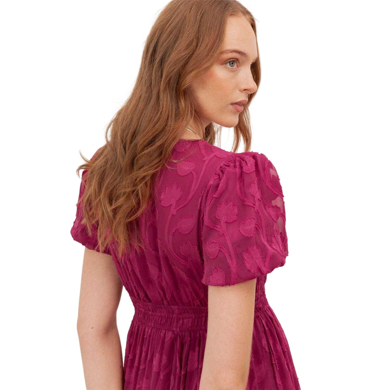 Fuchsia - Lifestyle - Lovedrobe Womens-Ladies Burnout Floral Puff Sleeve Midi Dress