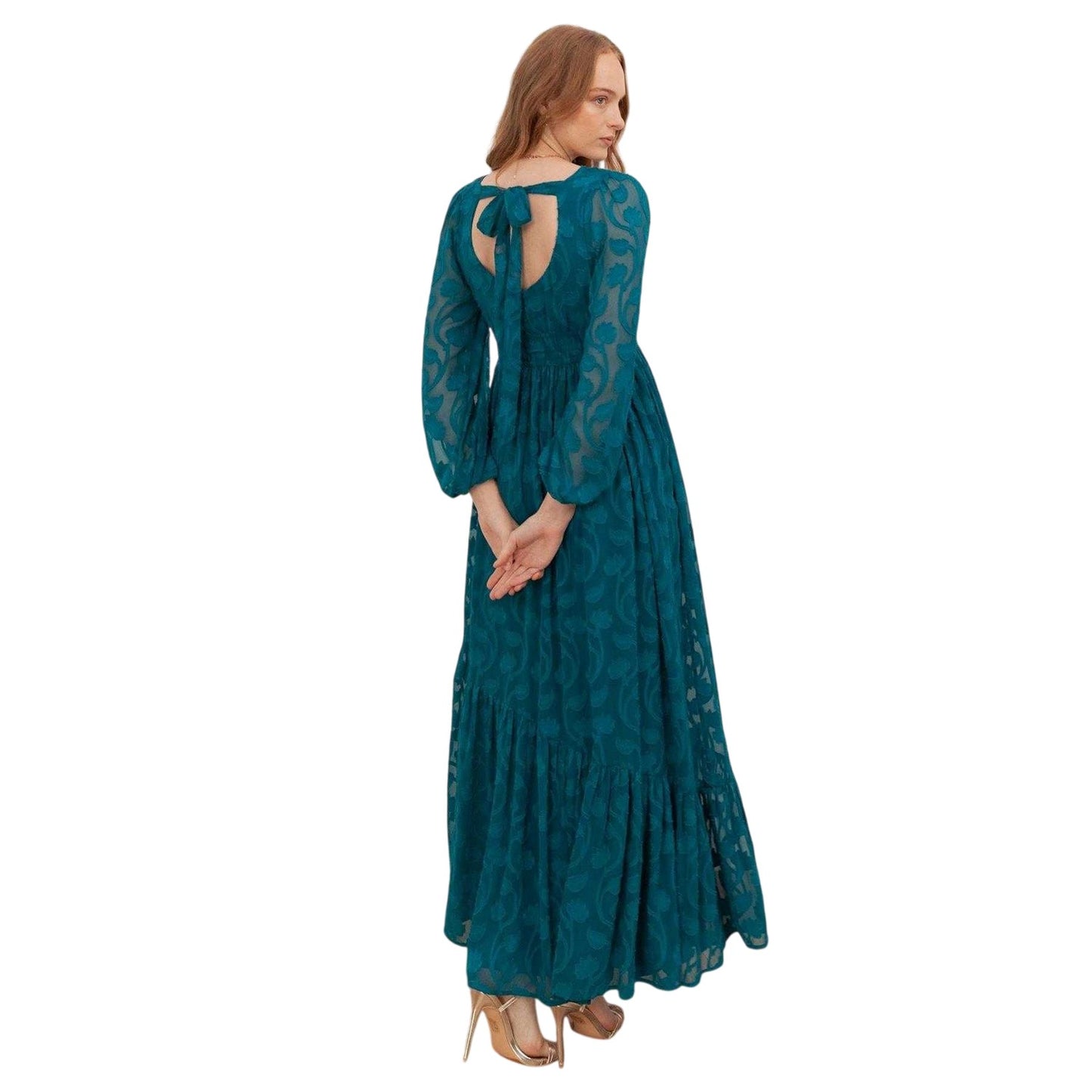 Teal Green - Back - Lovedrobe Womens-Ladies Burnout Floral Tie Back Long-Sleeved Maxi Dress