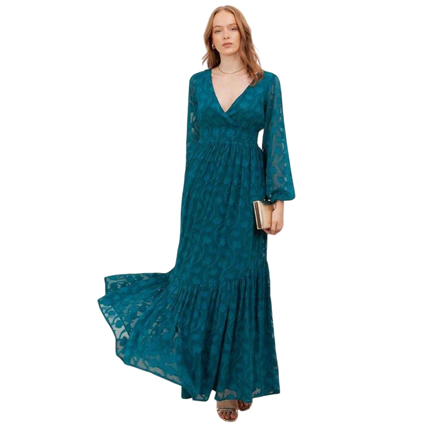 Teal Green - Side - Lovedrobe Womens-Ladies Burnout Floral Tie Back Long-Sleeved Maxi Dress