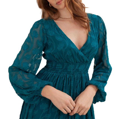 Teal Green - Lifestyle - Lovedrobe Womens-Ladies Burnout Floral Tie Back Long-Sleeved Maxi Dress
