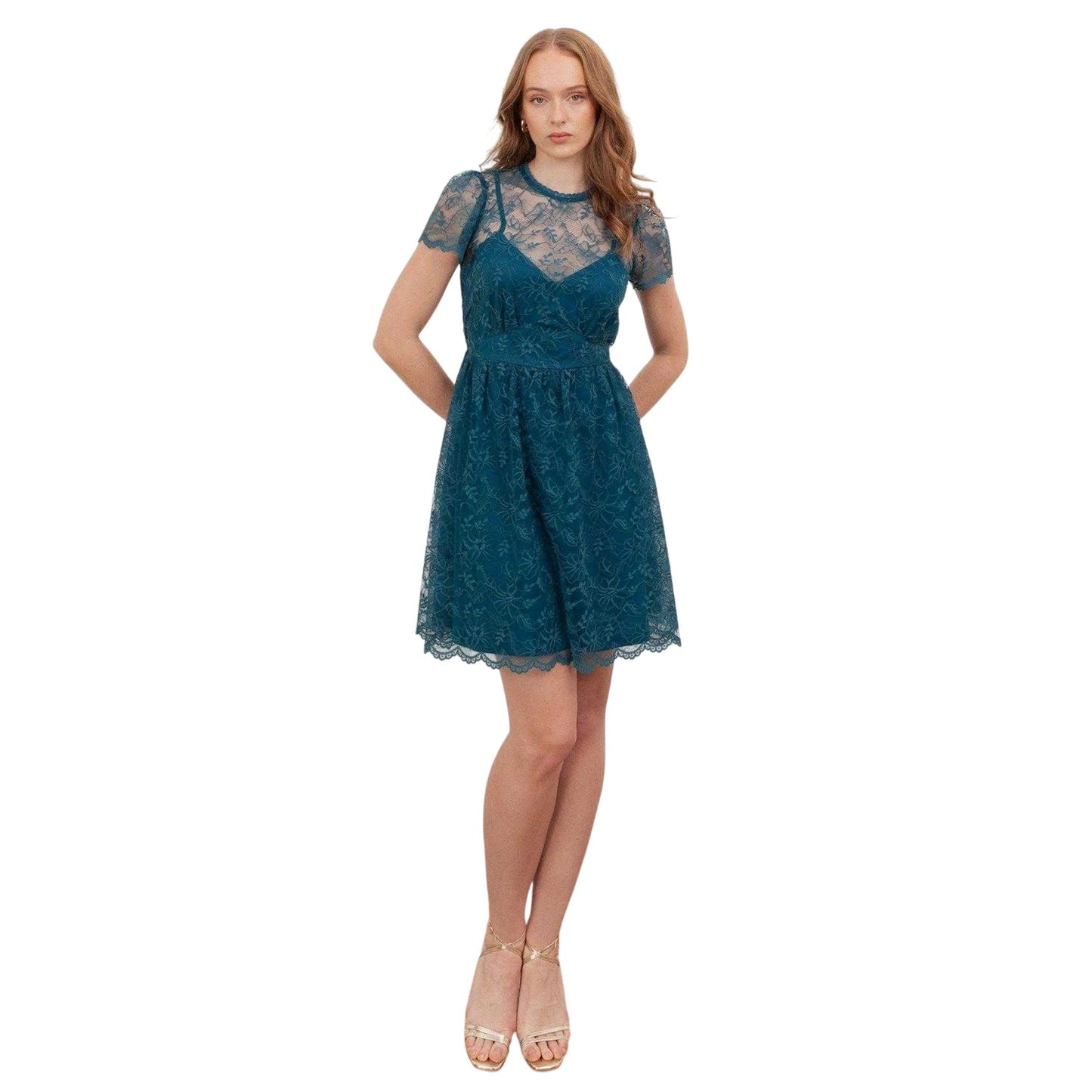 Teal Green - Front - Lovedrobe Womens-Ladies Floral Lace Mini Dress
