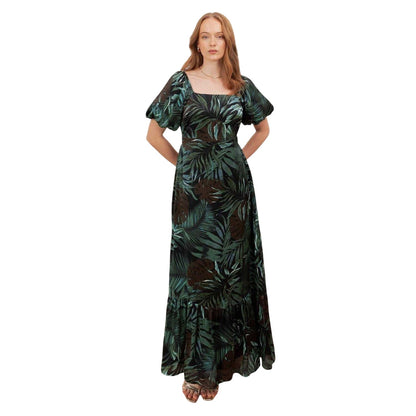 Navy - Front - Lovedrobe Womens-Ladies Tropical Square Neck Puff Sleeve Maxi Dress