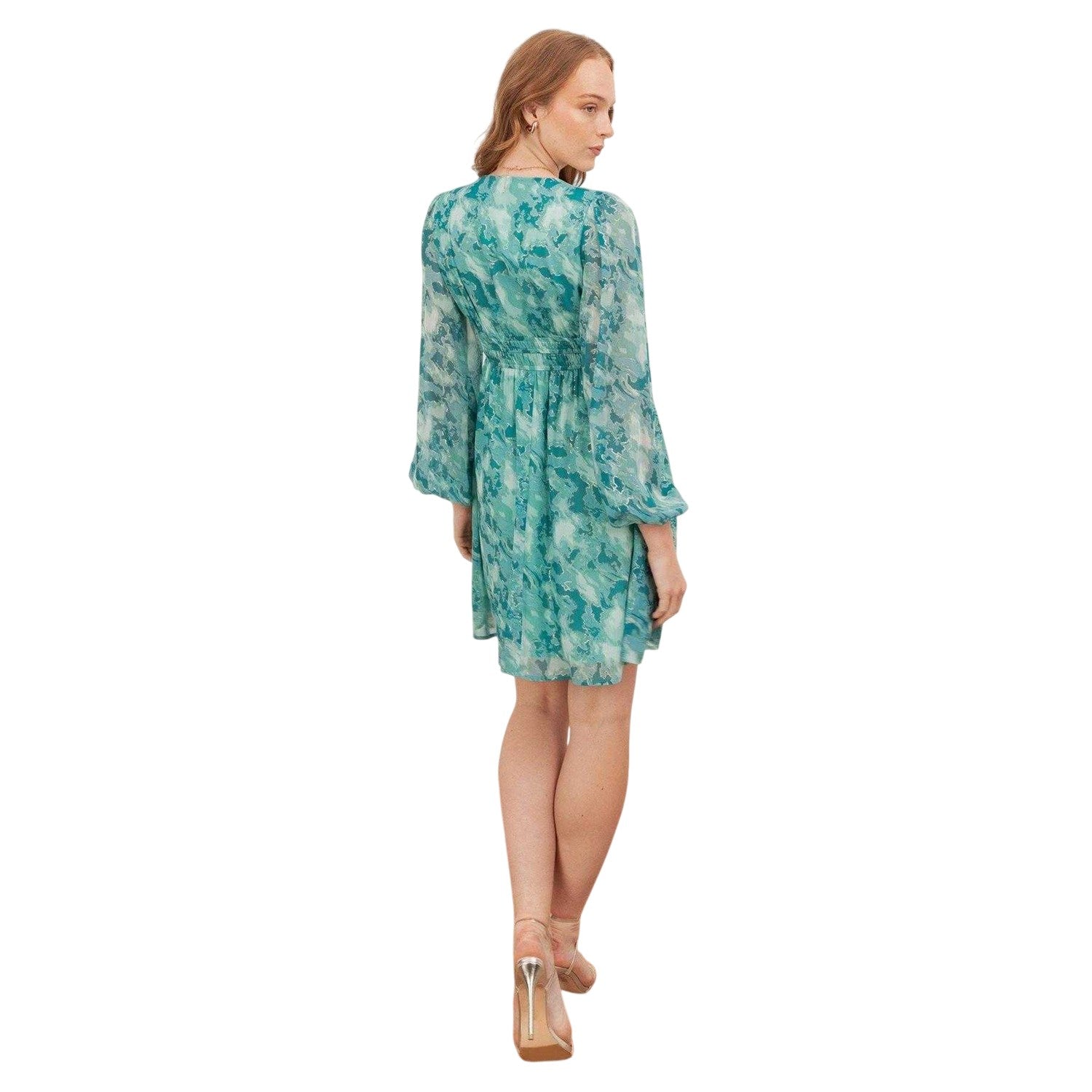 Green - Back - Lovedrobe Womens-Ladies Gold Foil V Neck Long-Sleeved Mini Dress