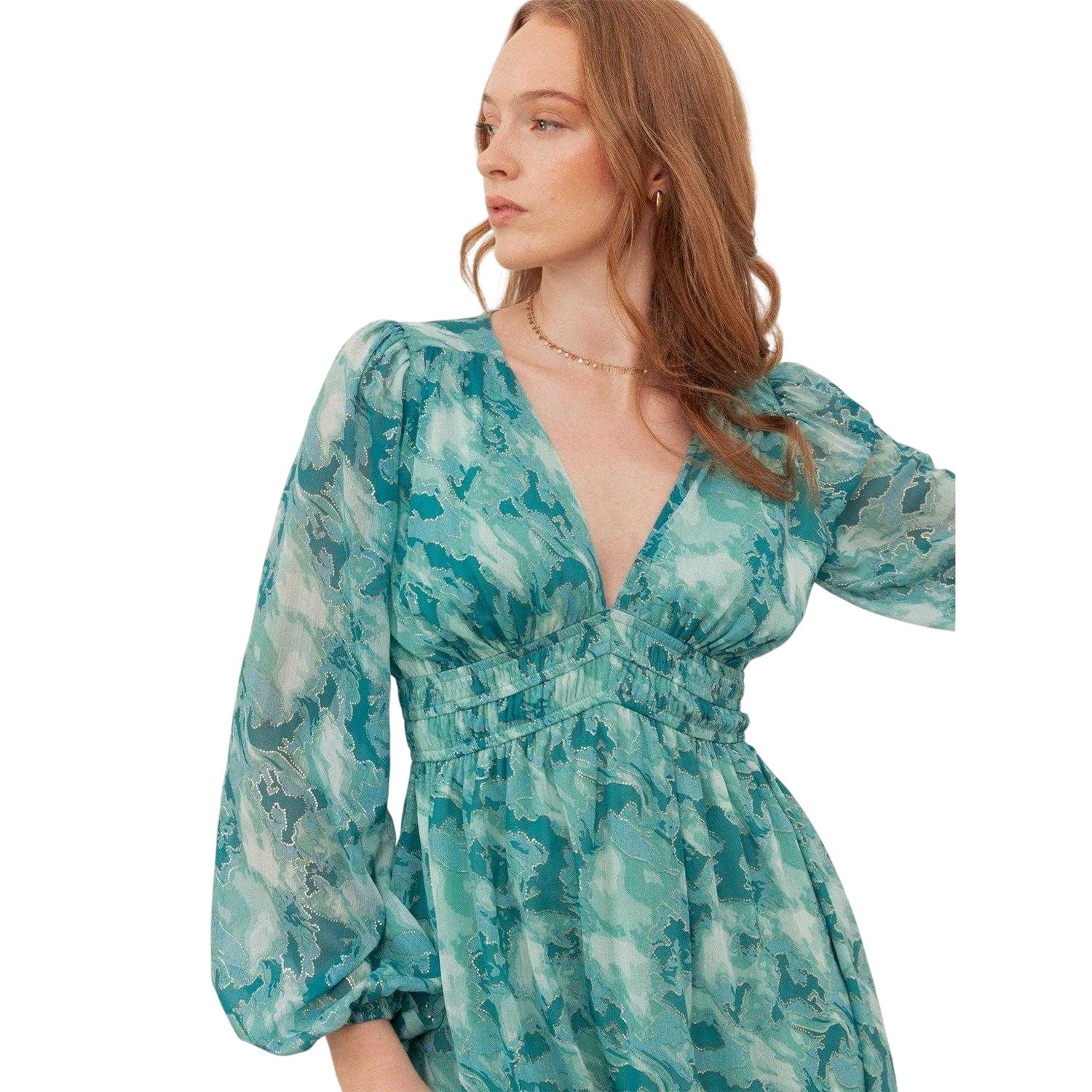 Green - Side - Lovedrobe Womens-Ladies Gold Foil V Neck Long-Sleeved Mini Dress