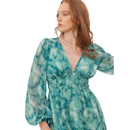 Green - Side - Lovedrobe Womens-Ladies Gold Foil V Neck Long-Sleeved Mini Dress