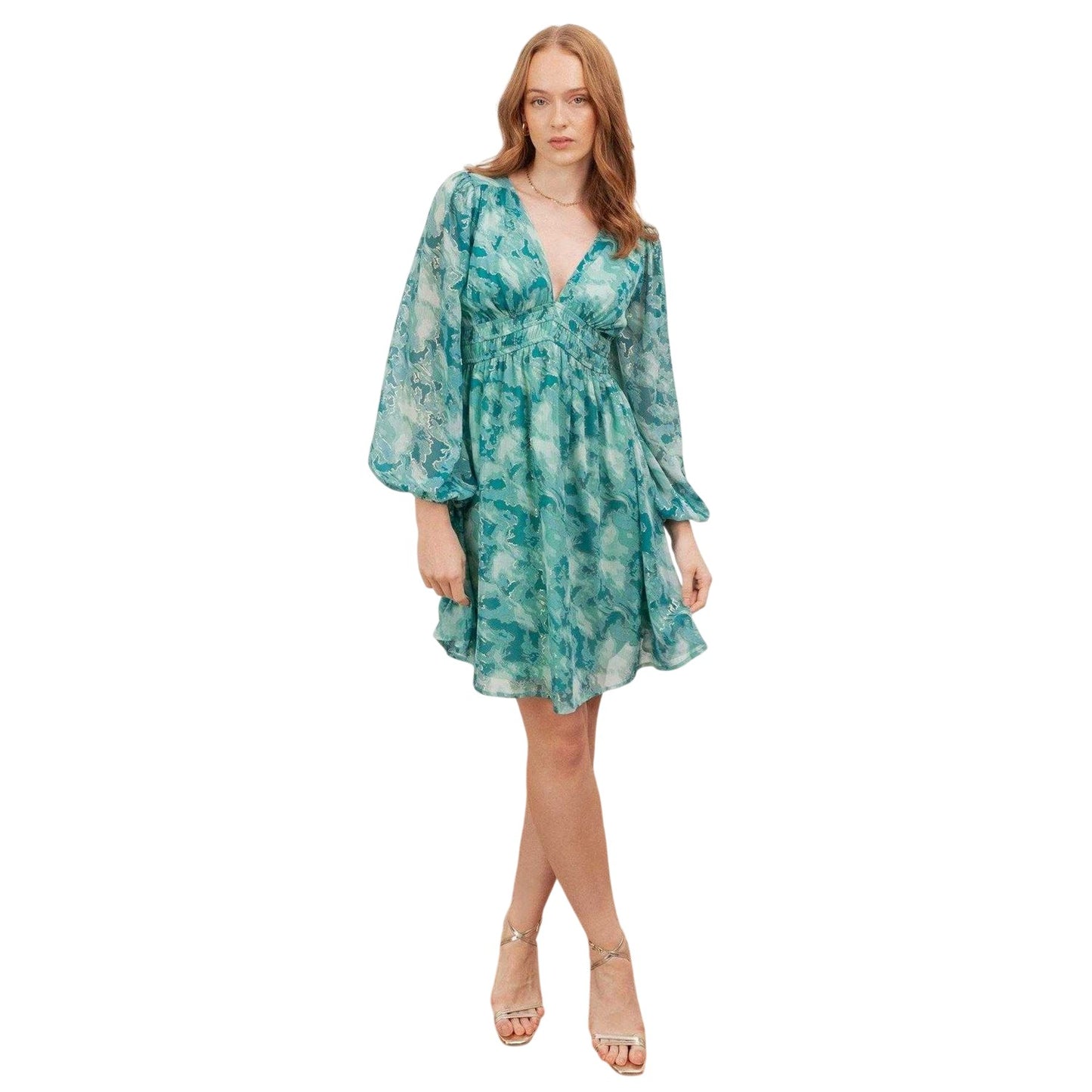 Green - Front - Lovedrobe Womens-Ladies Gold Foil V Neck Long-Sleeved Mini Dress