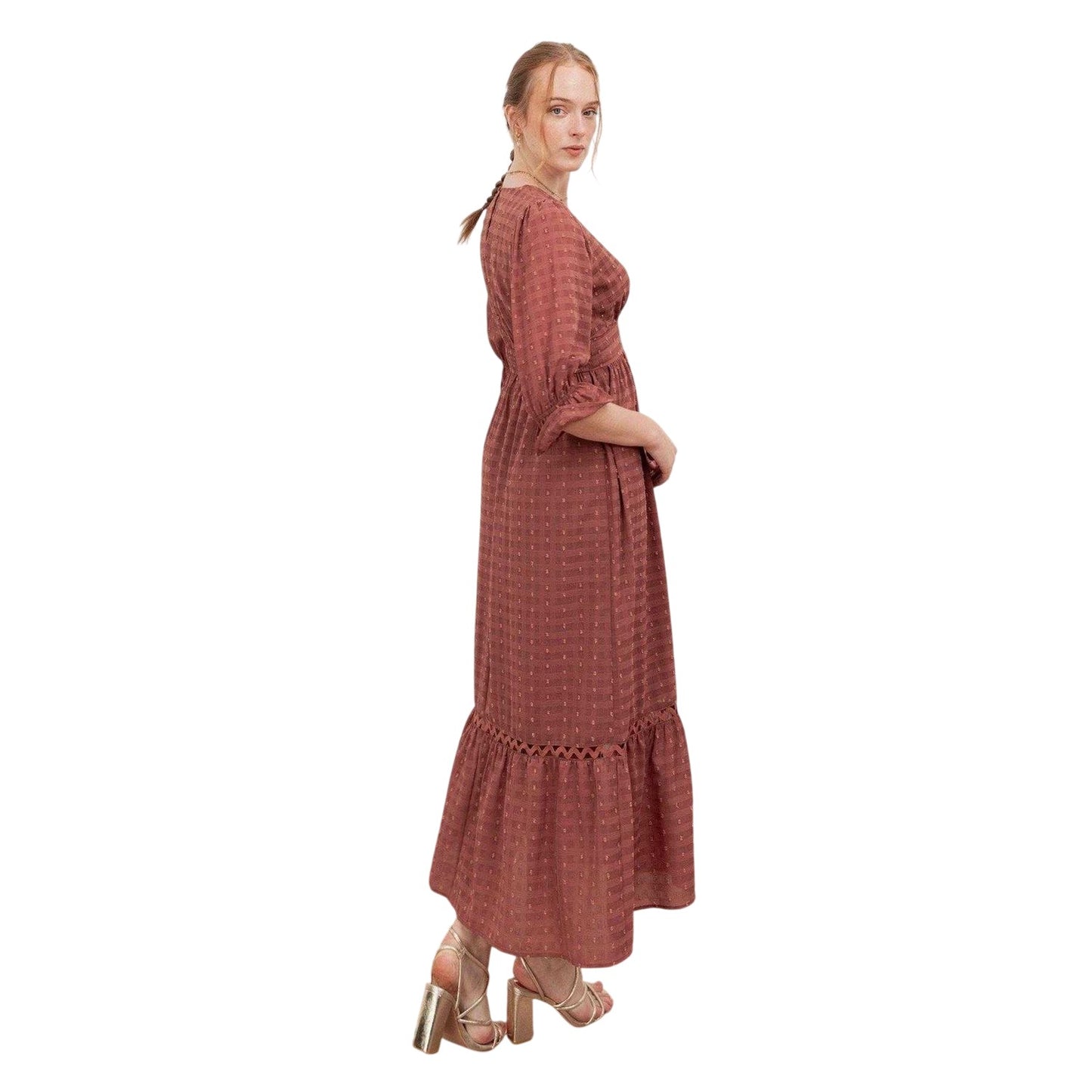 Terracotta - Back - Lovedrobe Womens-Ladies Gingham V Neck 3-4 Sleeve Midi Dress