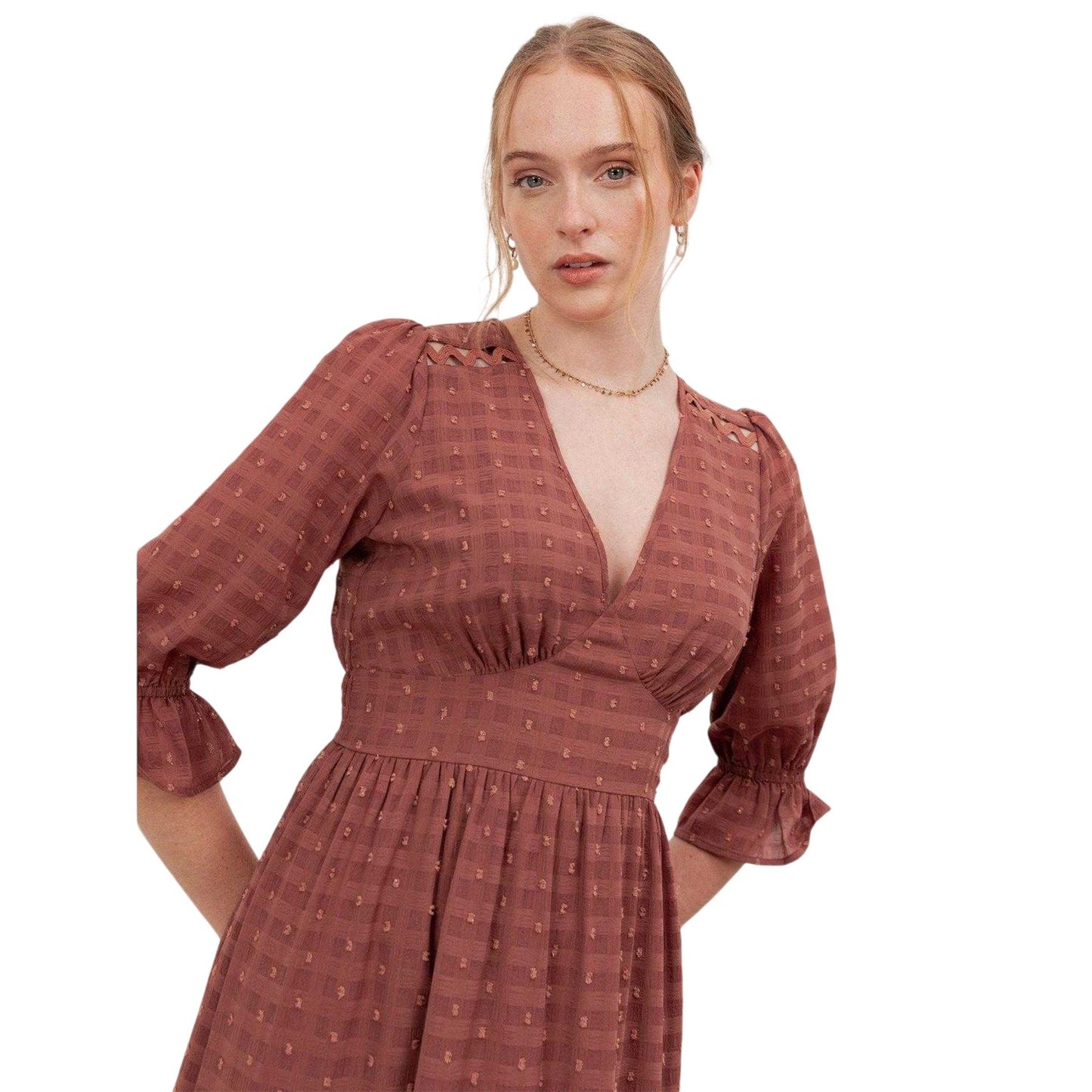 Terracotta - Side - Lovedrobe Womens-Ladies Gingham V Neck 3-4 Sleeve Midi Dress
