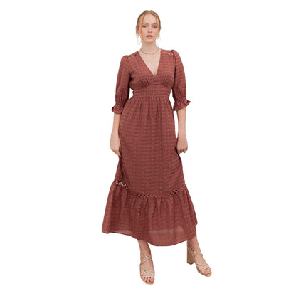 Terracotta - Front - Lovedrobe Womens-Ladies Gingham V Neck 3-4 Sleeve Midi Dress
