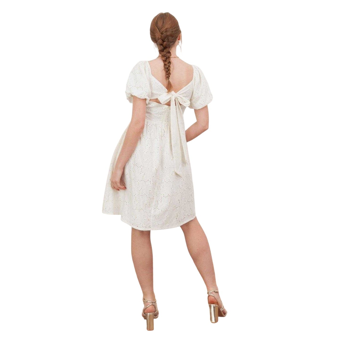 Cream - Back - Lovedrobe Womens-Ladies Bow Puff Sleeve Mini Dress