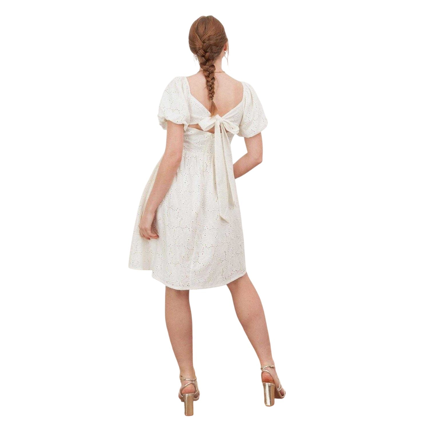 Cream - Back - Lovedrobe Womens-Ladies Bow Puff Sleeve Mini Dress