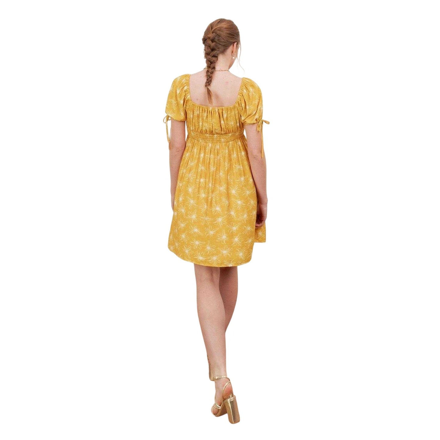 Yellow - Back - Lovedrobe Womens-Ladies Floral Square Neck Tie Sleeves Mini Dress