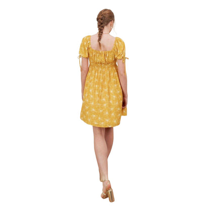 Yellow - Back - Lovedrobe Womens-Ladies Floral Square Neck Tie Sleeves Mini Dress