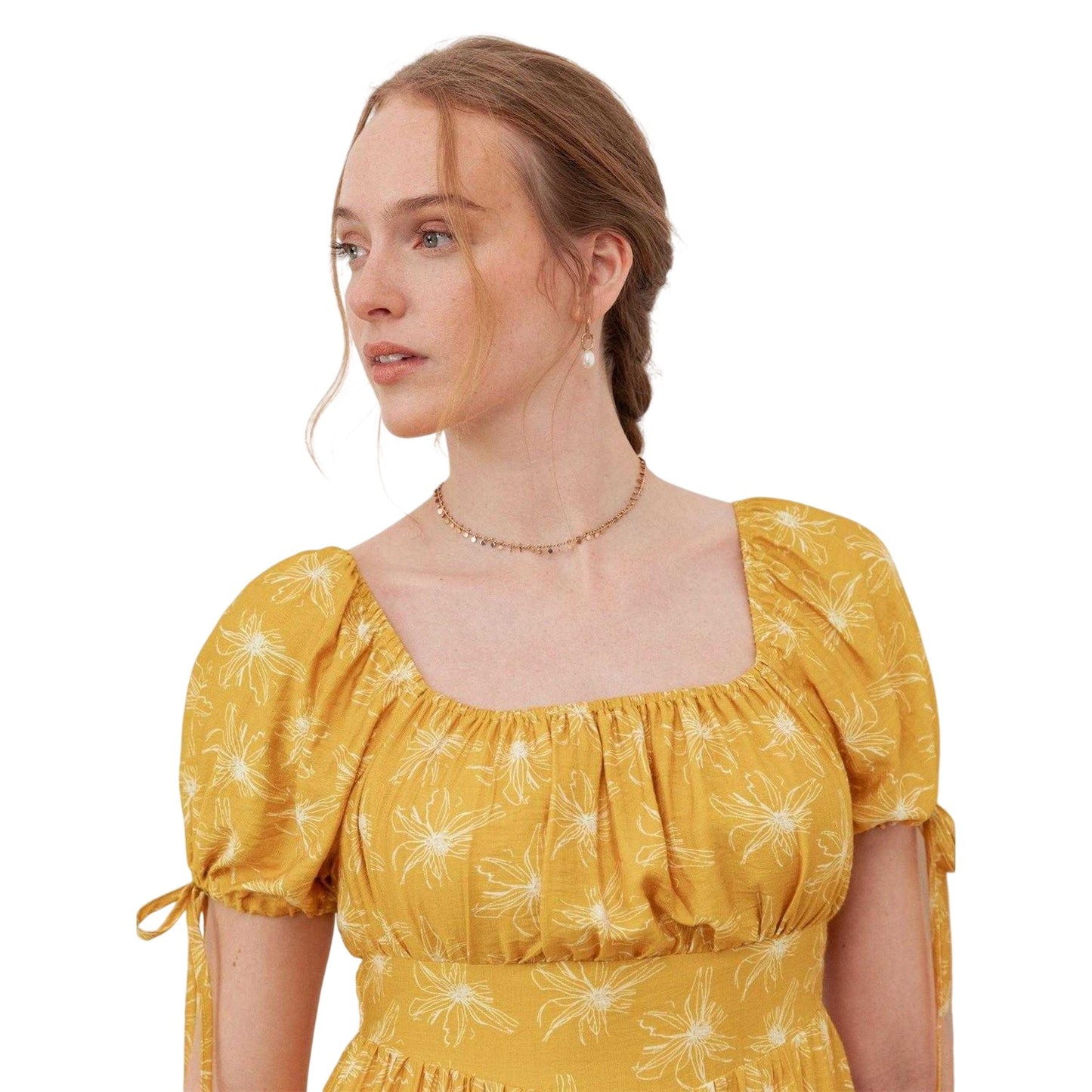 Yellow - Side - Lovedrobe Womens-Ladies Floral Square Neck Tie Sleeves Mini Dress