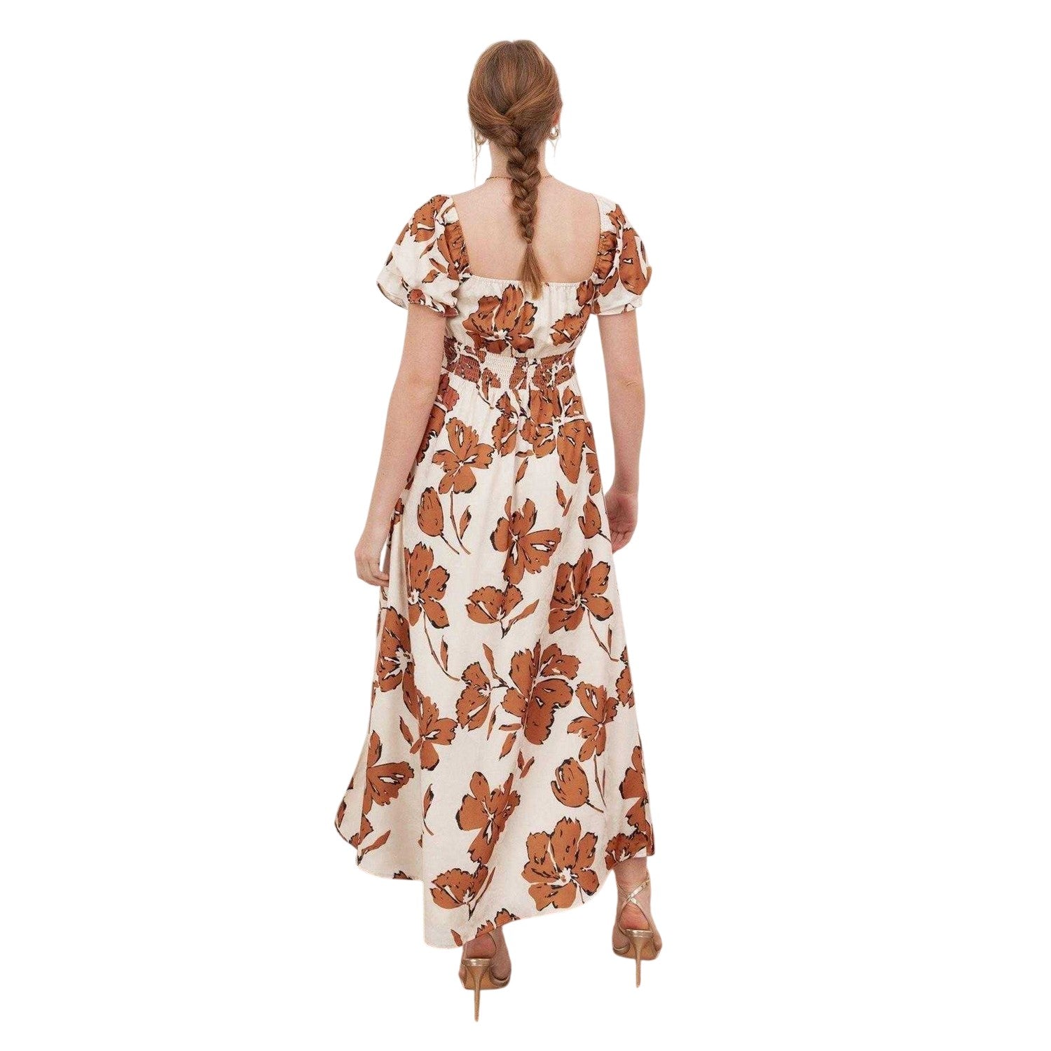 Cream - Back - Lovedrobe Womens-Ladies Floral Ruched Front Midi Dress