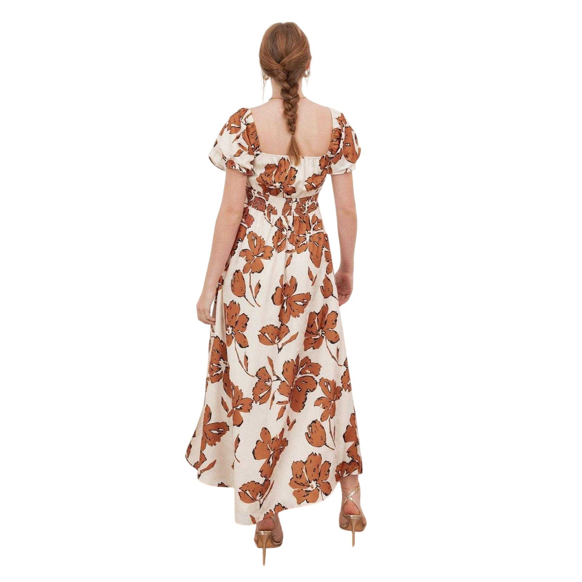 Cream - Back - Lovedrobe Womens-Ladies Floral Ruched Front Midi Dress