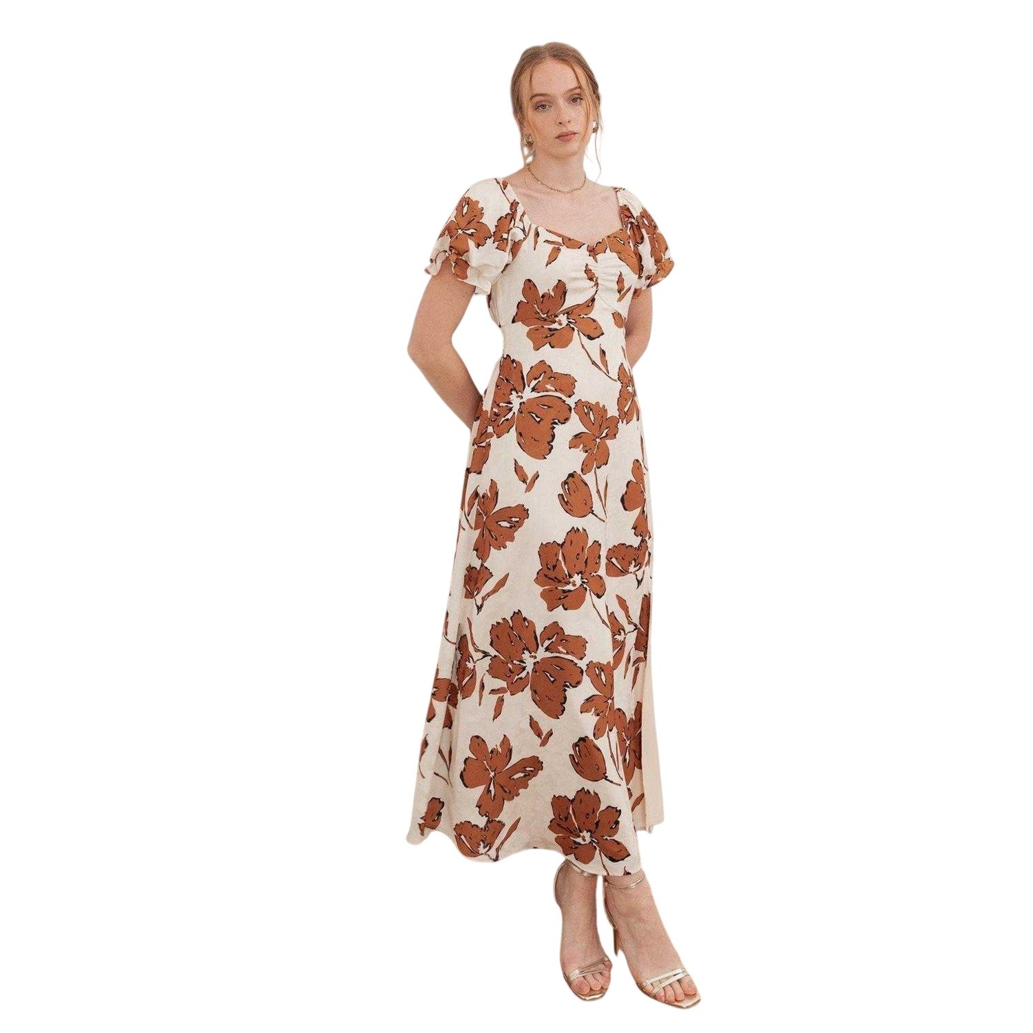 Cream - Front - Lovedrobe Womens-Ladies Floral Ruched Front Midi Dress