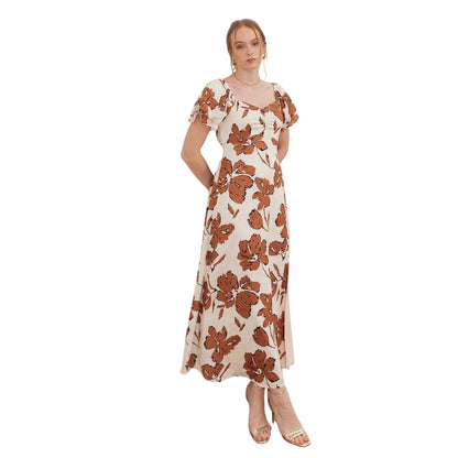 Cream - Front - Lovedrobe Womens-Ladies Floral Ruched Front Midi Dress