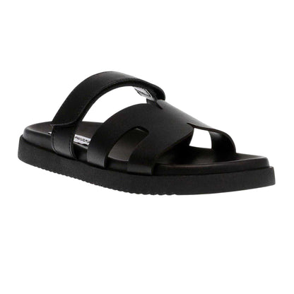Black - Side - Steve Madden Childrens-Kids Missile-E Leather Flatform Slides