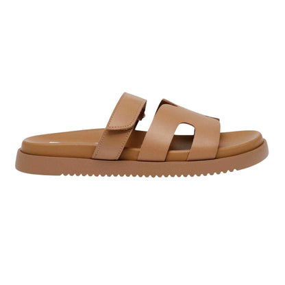 Cognac - Front - Steve Madden Childrens-Kids Missile-E Leather Flatform Slides