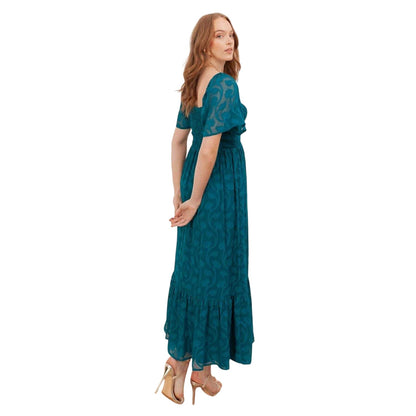 Teal Green - Back - Lovedrobe Womens-Ladies Burnout Floral Square Neck Angel Sleeve Midaxi Dress