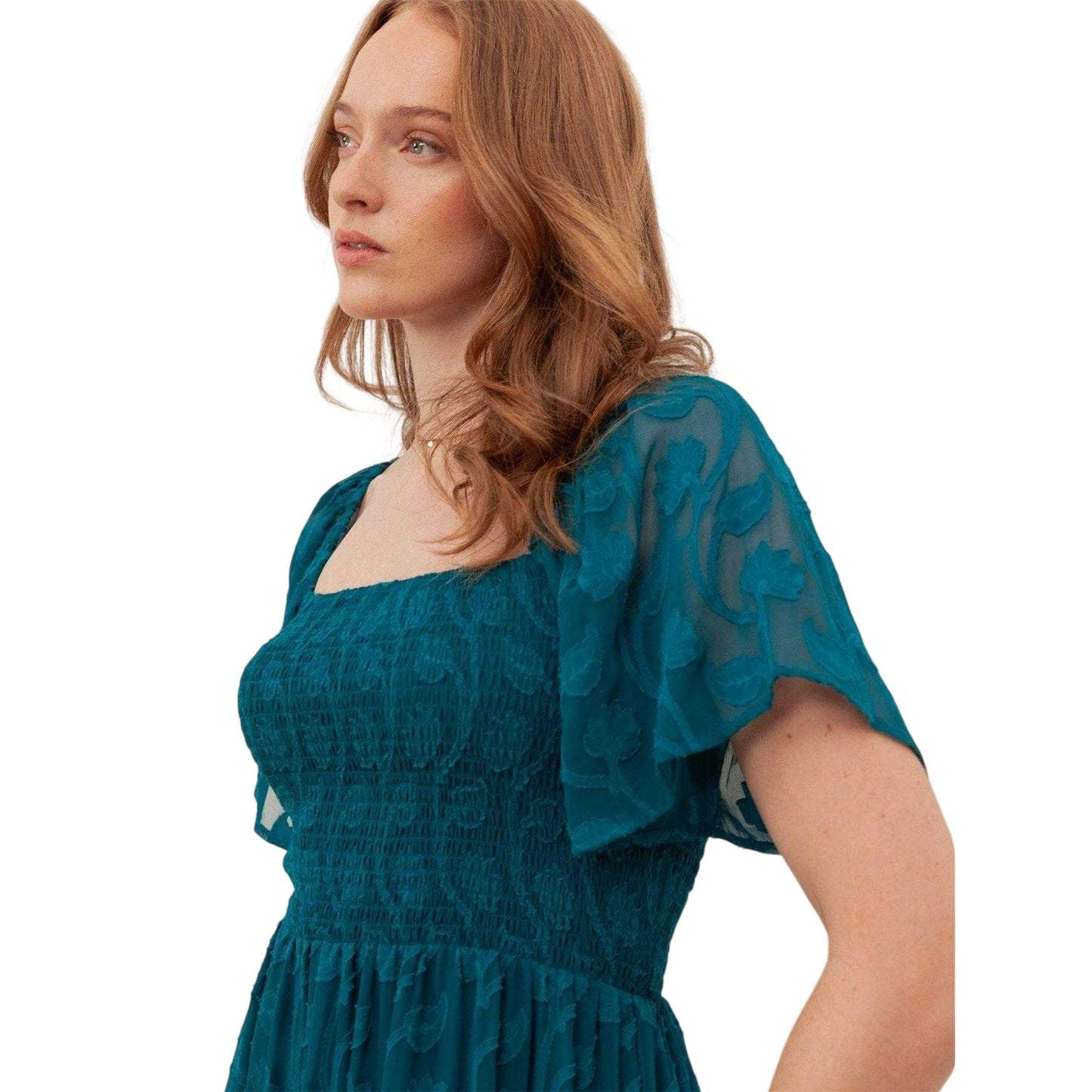Teal Green - Side - Lovedrobe Womens-Ladies Burnout Floral Square Neck Angel Sleeve Midaxi Dress