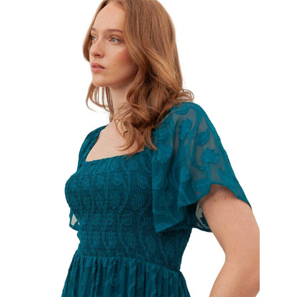 Teal Green - Side - Lovedrobe Womens-Ladies Burnout Floral Square Neck Angel Sleeve Midaxi Dress