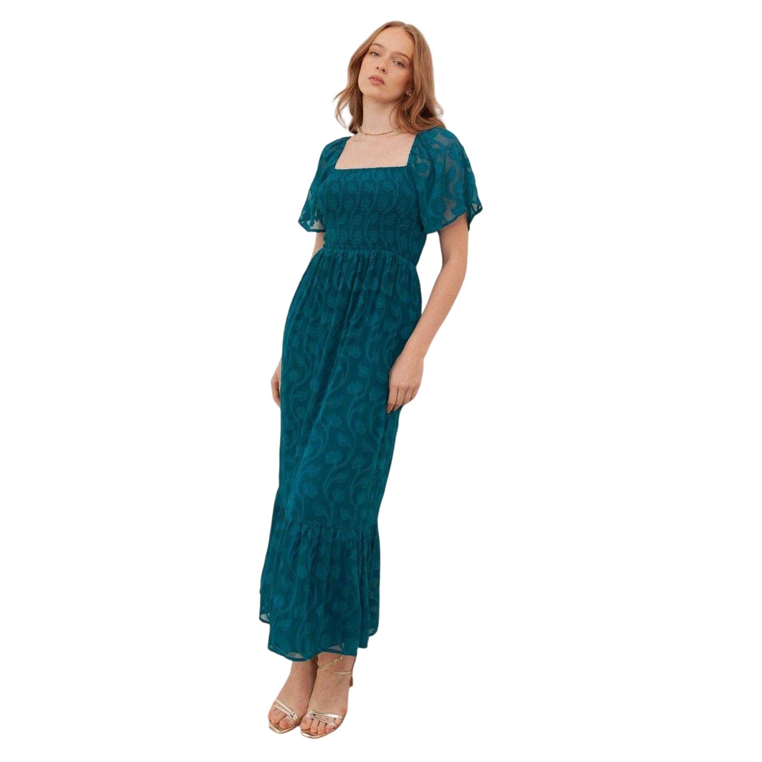 Teal Green - Front - Lovedrobe Womens-Ladies Burnout Floral Square Neck Angel Sleeve Midaxi Dress