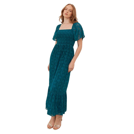 Teal Green - Front - Lovedrobe Womens-Ladies Burnout Floral Square Neck Angel Sleeve Midaxi Dress