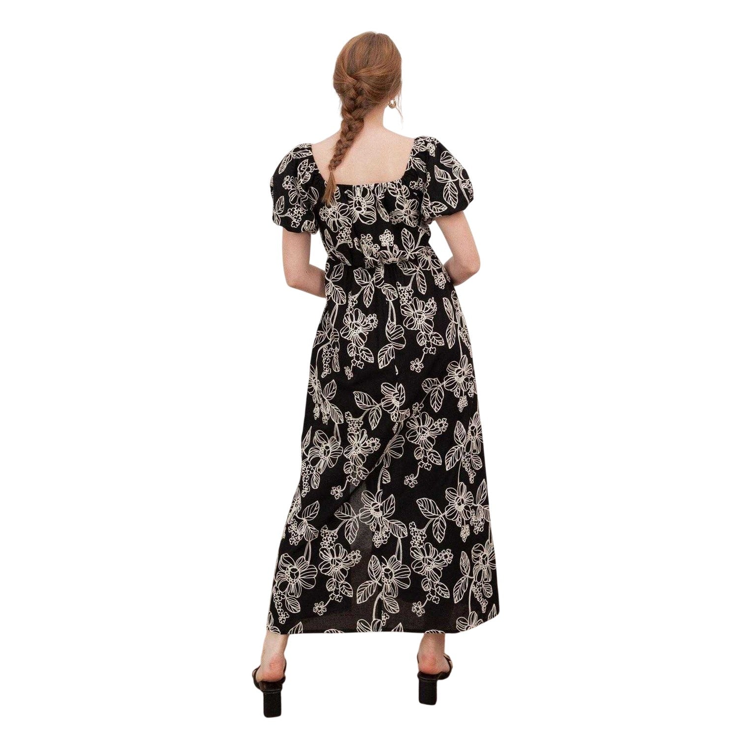 Black - Back - Lovedrobe Womens-Ladies Embroidered Square Neck Puff Sleeve Maxi Dress
