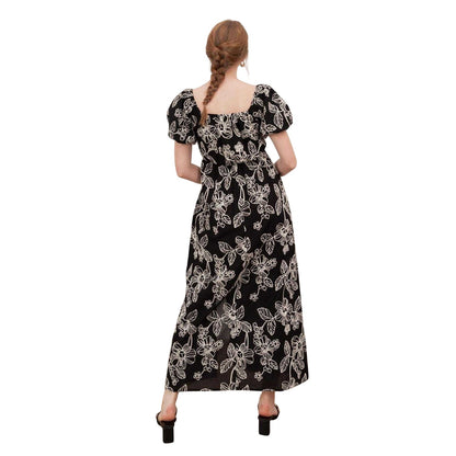 Black - Back - Lovedrobe Womens-Ladies Embroidered Square Neck Puff Sleeve Maxi Dress