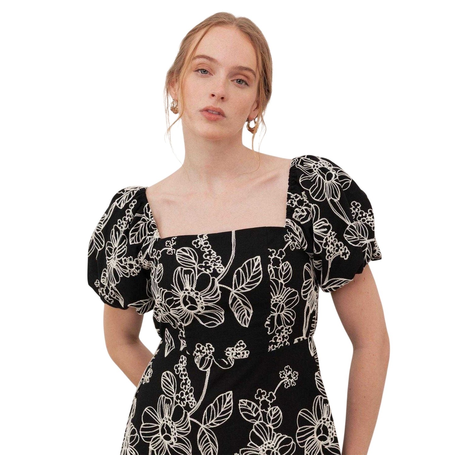 Black - Side - Lovedrobe Womens-Ladies Embroidered Square Neck Puff Sleeve Maxi Dress