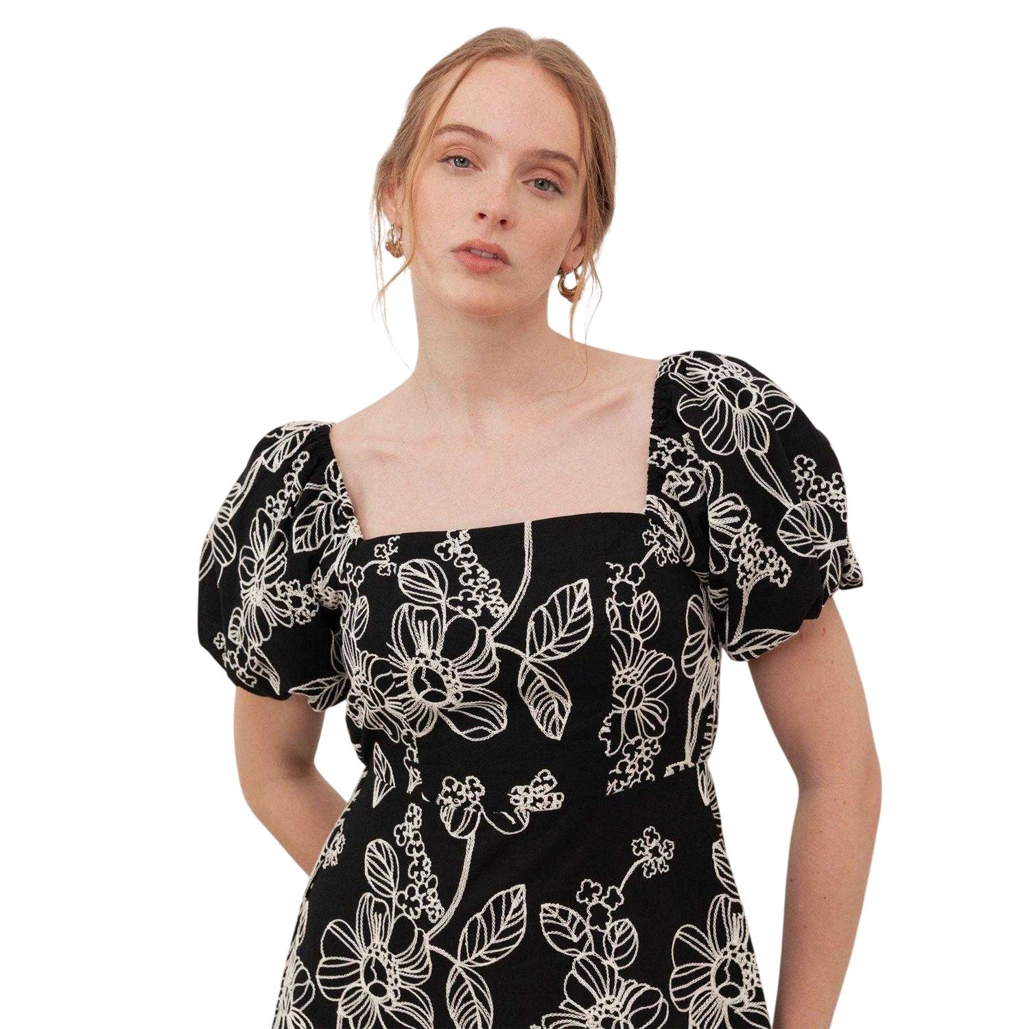 Black - Side - Lovedrobe Womens-Ladies Embroidered Square Neck Puff Sleeve Maxi Dress