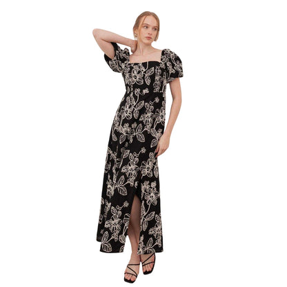 Black - Front - Lovedrobe Womens-Ladies Embroidered Square Neck Puff Sleeve Maxi Dress